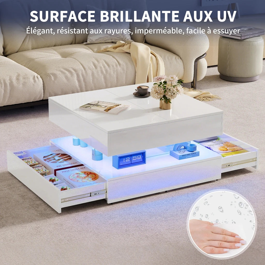 Table basse LED rectangulaire avec 2 tiroirs – Haut brillant, blanc ou noir, pour salon et chambre