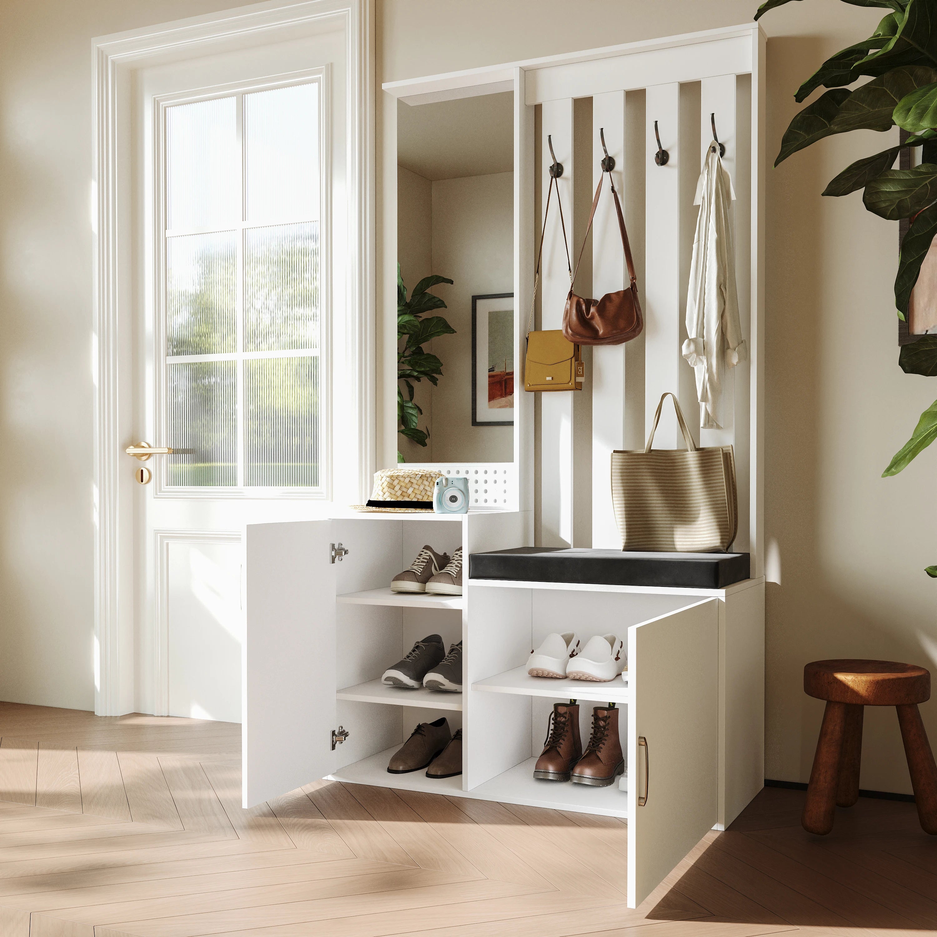 Meuble d'entrée Comanlai 5-en-1 – Porte-manteau, banc à chaussures, armoire, miroir et penderie, chambre et couloir