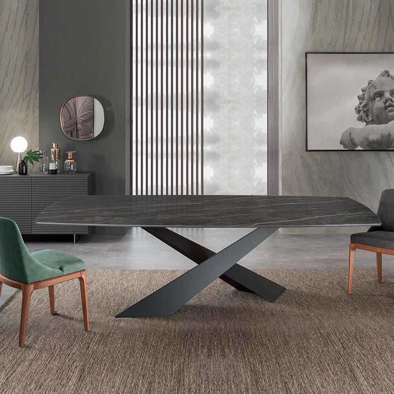 Table à manger sur mesure en ardoise naturelle – Pied métal croisé design, durable, appartement et maison luxe