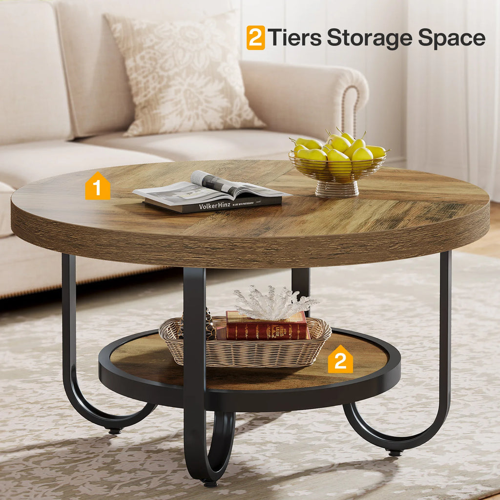 Table basse ronde 2 niveaux avec étagère de rangement – 79 cm, pieds métal courbés, salon