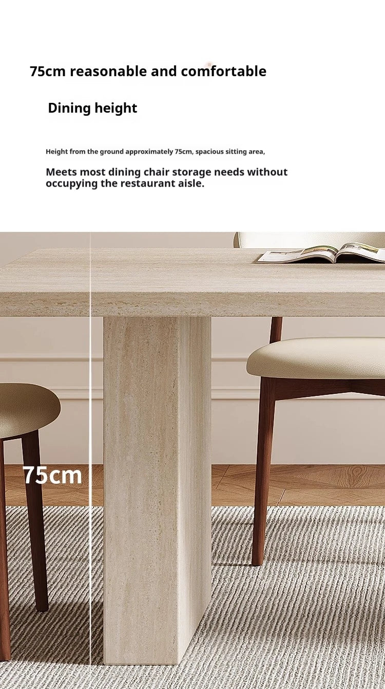 Table à manger sur mesure style mid-century – Plateau travertin, chaises bois rembourrées, ensemble salle à manger