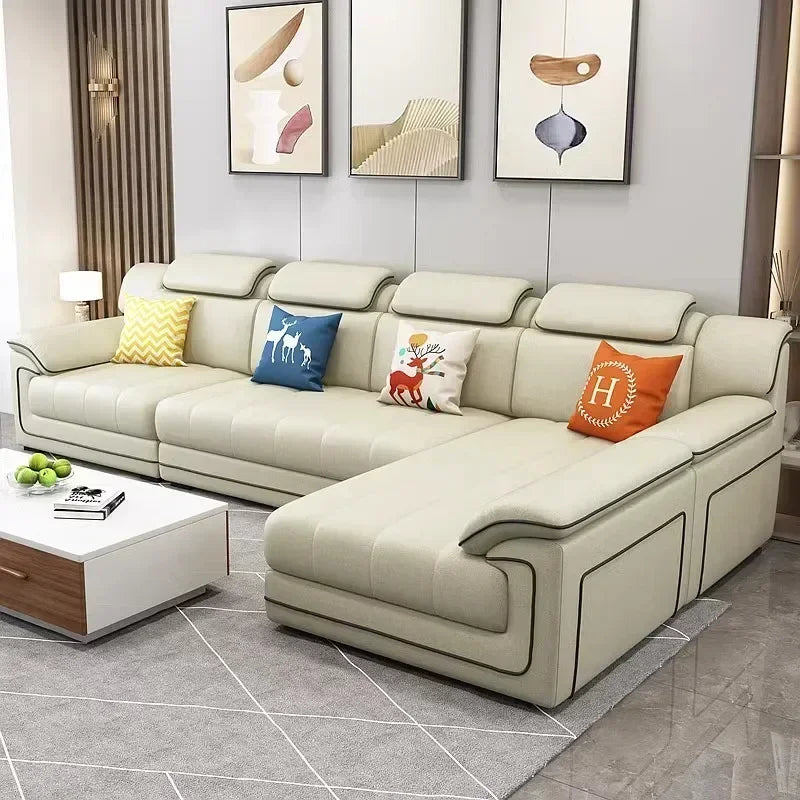 Canapé européen 2 places beige bois – Design nordique, accoudoir rembourré, style luxe minimaliste
