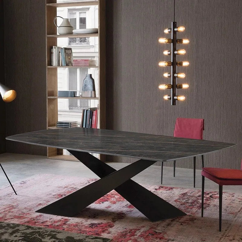 Table à manger sur mesure en ardoise naturelle – Pied métal croisé design, durable, appartement et maison luxe