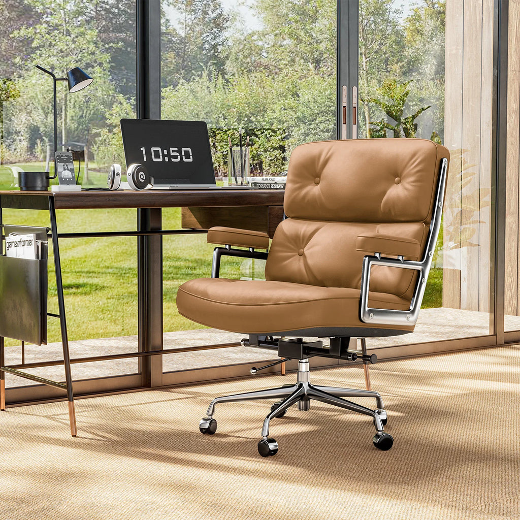 Chaise de bureau réglable en cuir véritable – Cadre aluminium, accoudoirs, pivotante, bureau et salon