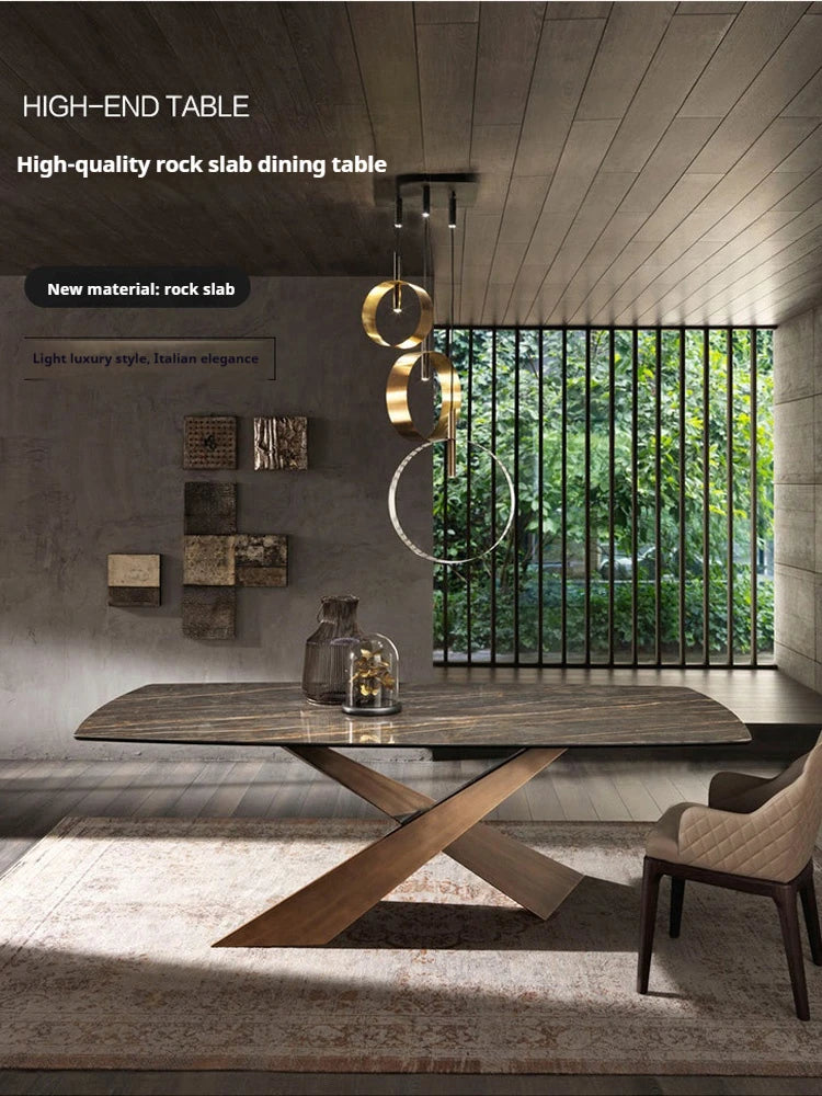 Table à manger sur mesure en ardoise naturelle – Pied métal croisé design, durable, appartement et maison luxe