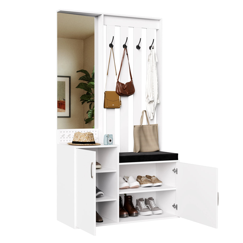 Meuble d'entrée Comanlai 5-en-1 – Porte-manteau, banc à chaussures, armoire, miroir et penderie, chambre et couloir