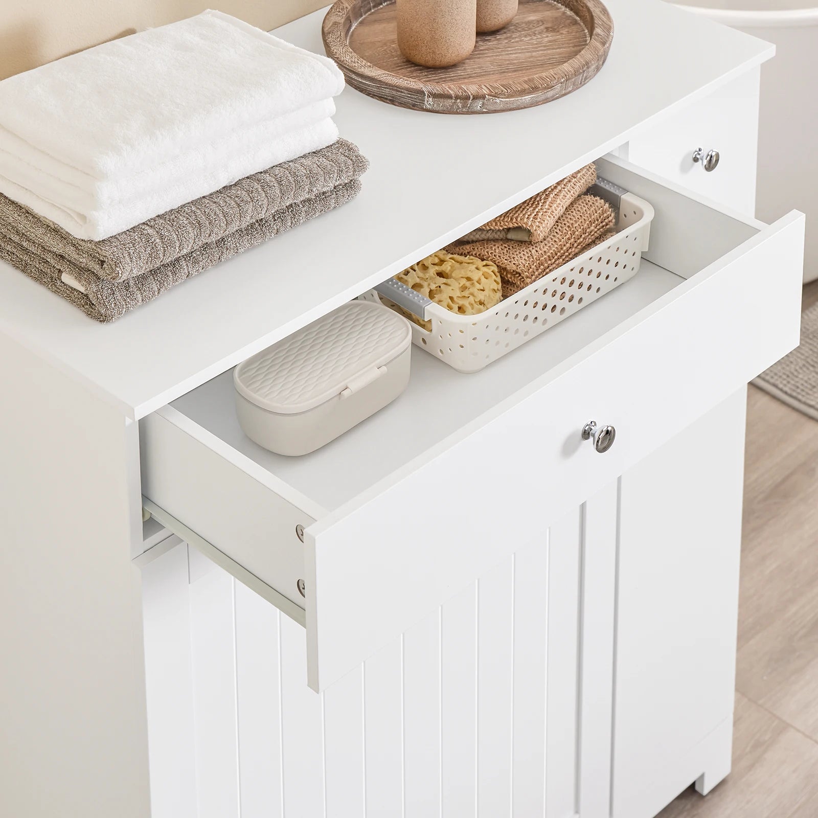Armoire de salle de bain haute SoBuy – Meuble colonne avec miroir, étagères et tiroir, blanc