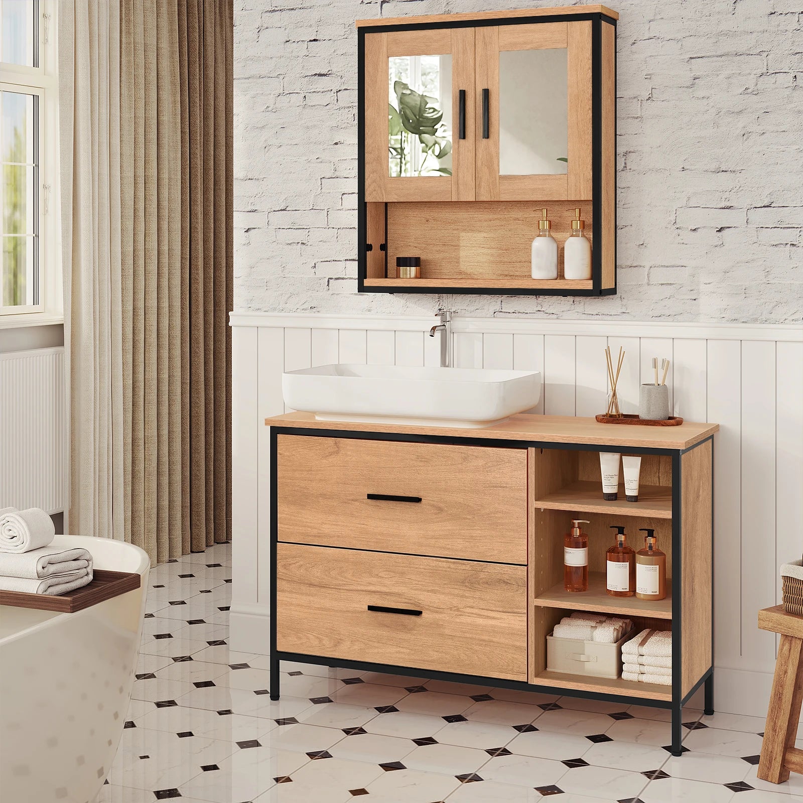 Meuble sous-lavabo Eugad avec 2 tiroirs et 3 compartiments – 90x60x30 cm, salle de bain