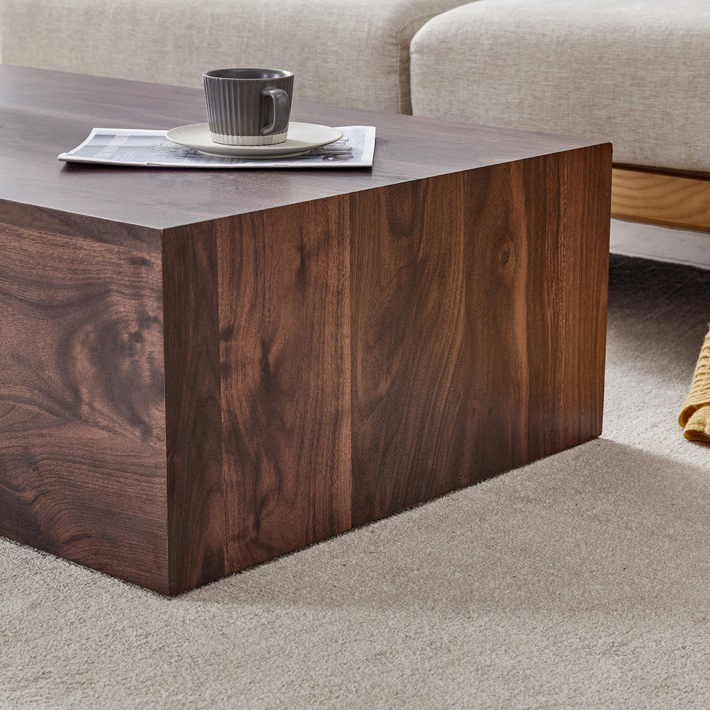 Table basse rectangulaire avec structure monobloc & pieds antidérapants – MDF noyer, entretien facile, salon