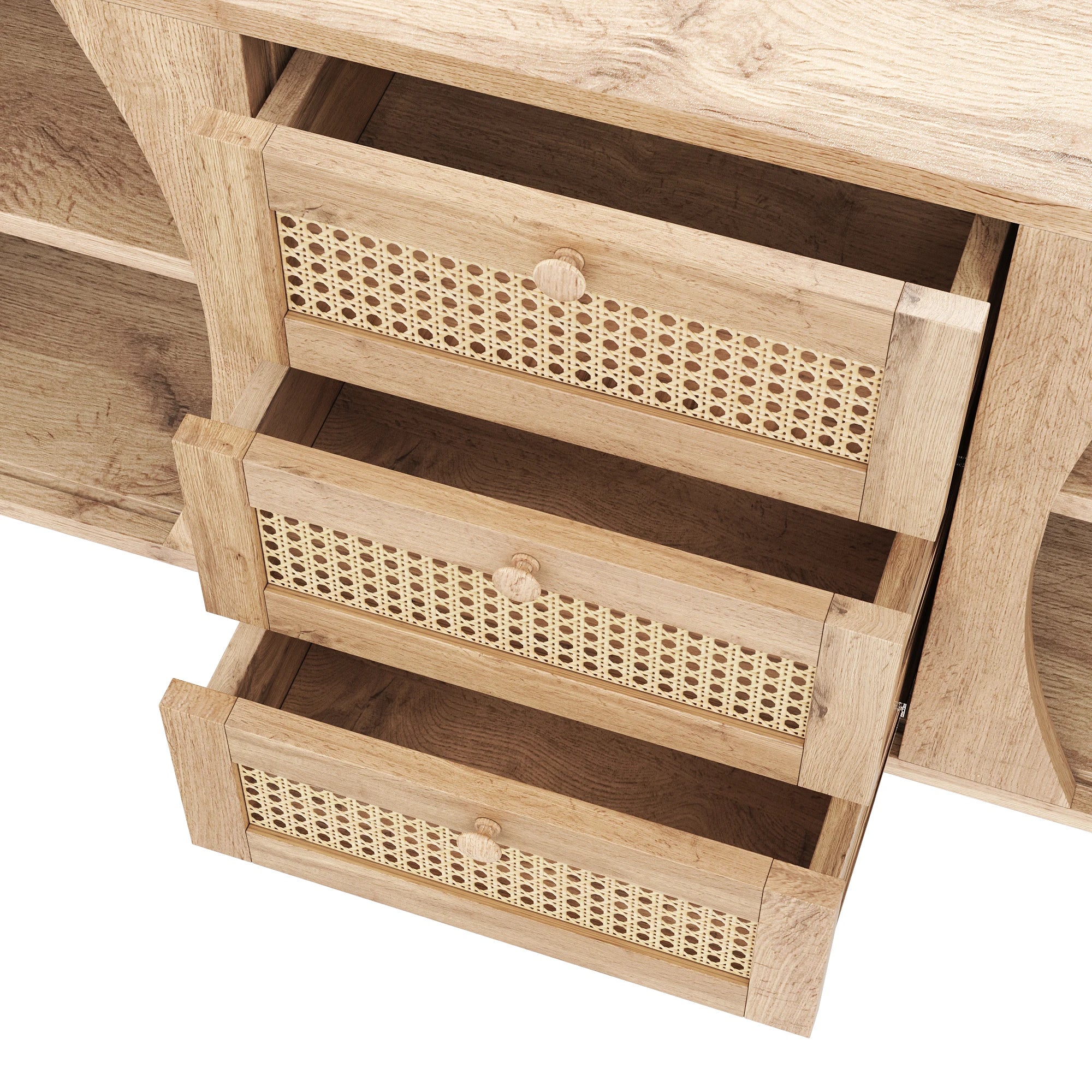 Buffet en rotin avec portes coulissantes – Étagères réglables, plateau arrondi, style naturel