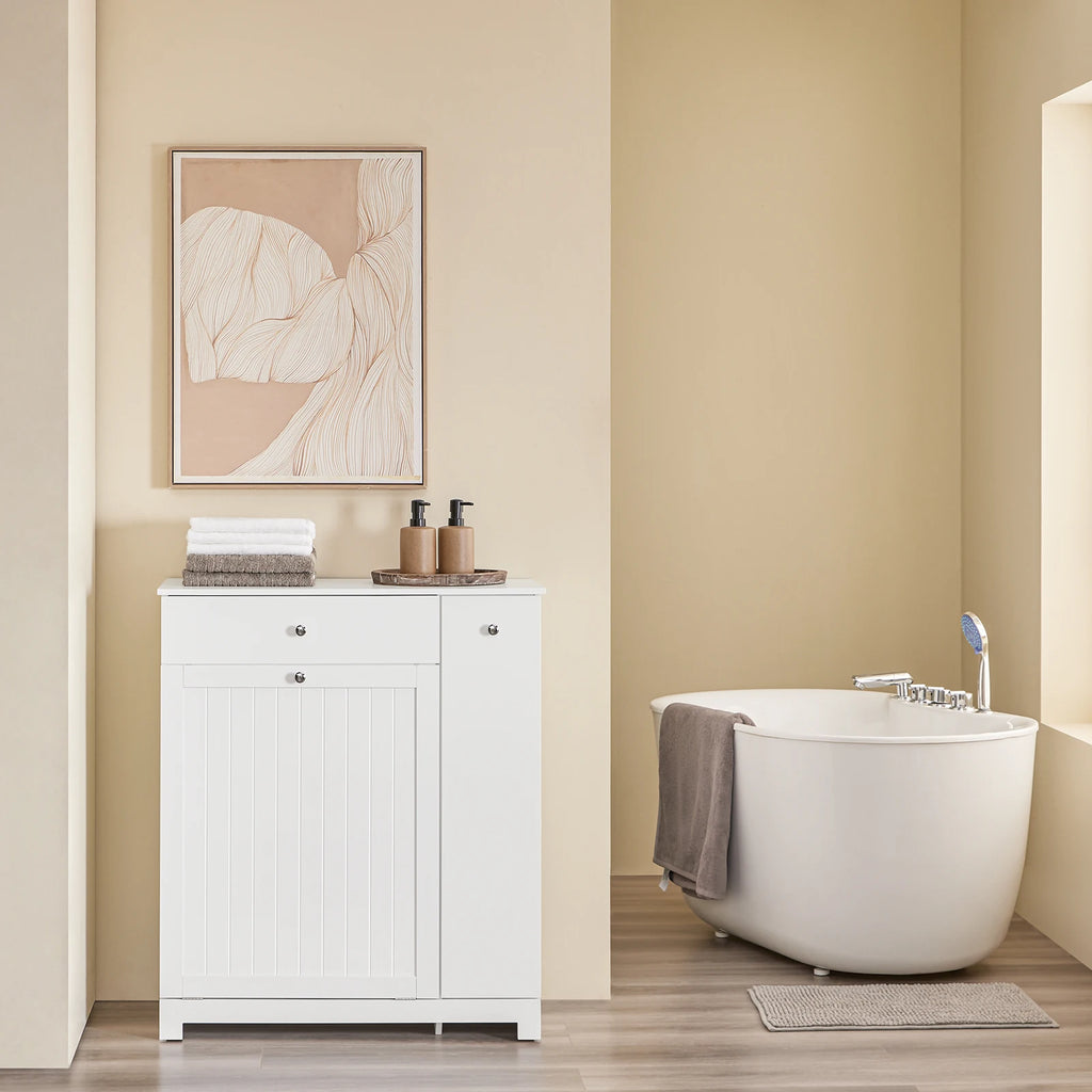 Armoire de salle de bain haute SoBuy – Meuble colonne avec miroir, étagères et tiroir, blanc
