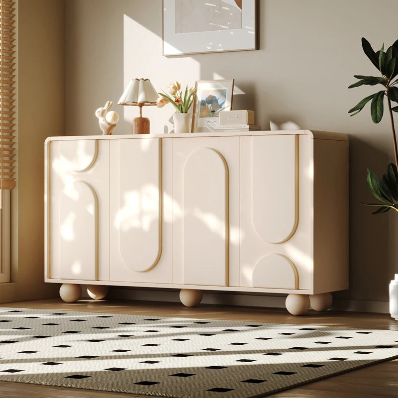 Meuble de rangement derrière canapé style français luxe – Blanc avec portes, console salon tendance