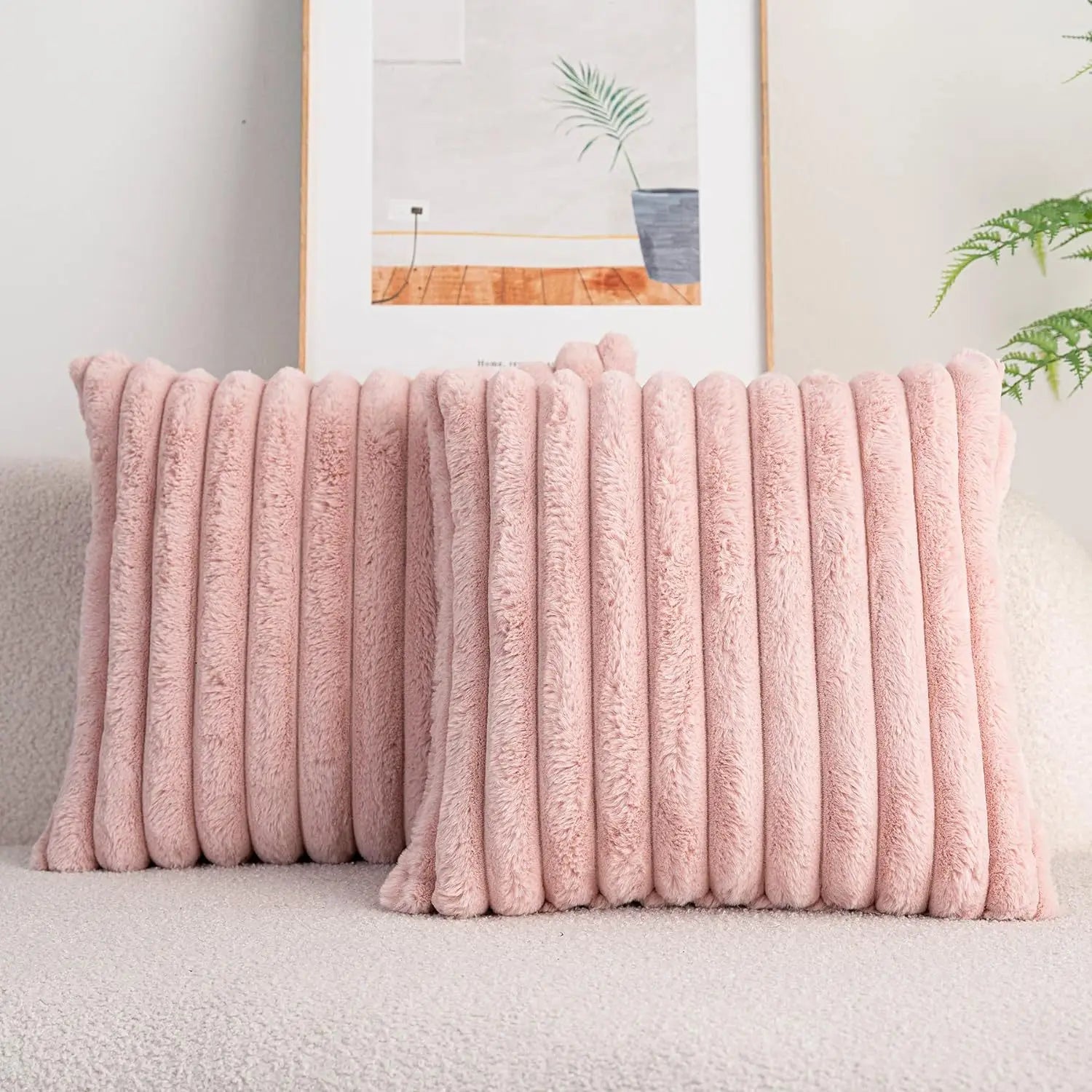 Housse de coussin carrée imitation fourrure de lapin – Rayures épaisses, ultra-douce, décoration canapé 2026