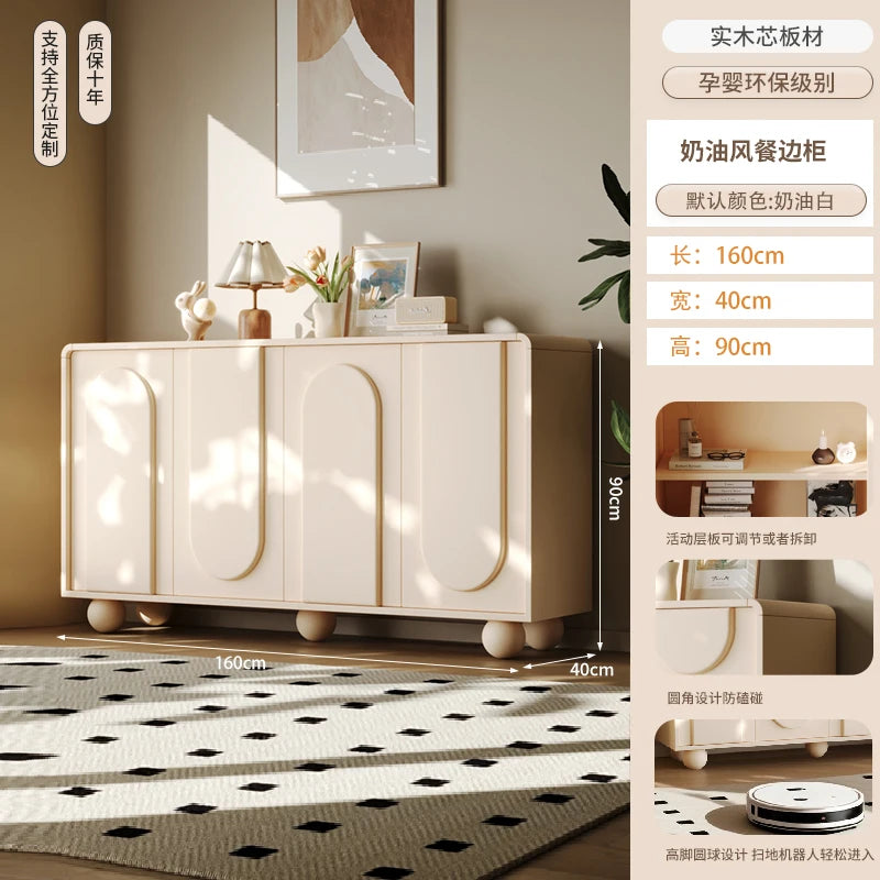 Meuble de rangement derrière canapé style français luxe – Blanc avec portes, console salon tendance