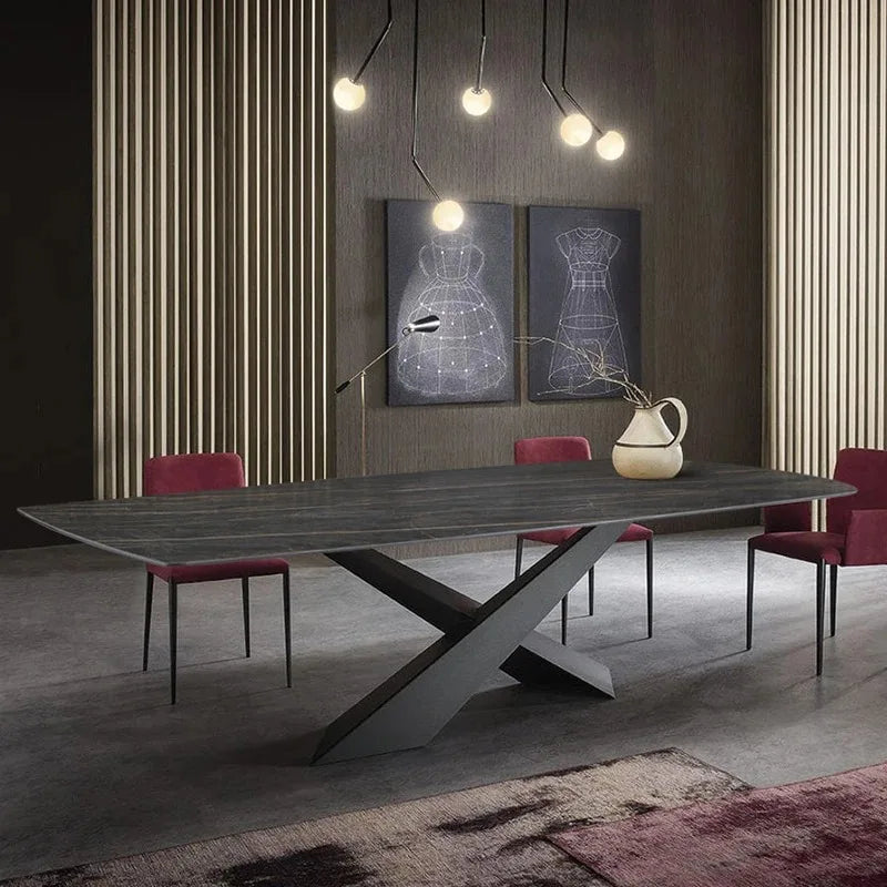 Table à manger sur mesure en ardoise naturelle – Pied métal croisé design, durable, appartement et maison luxe
