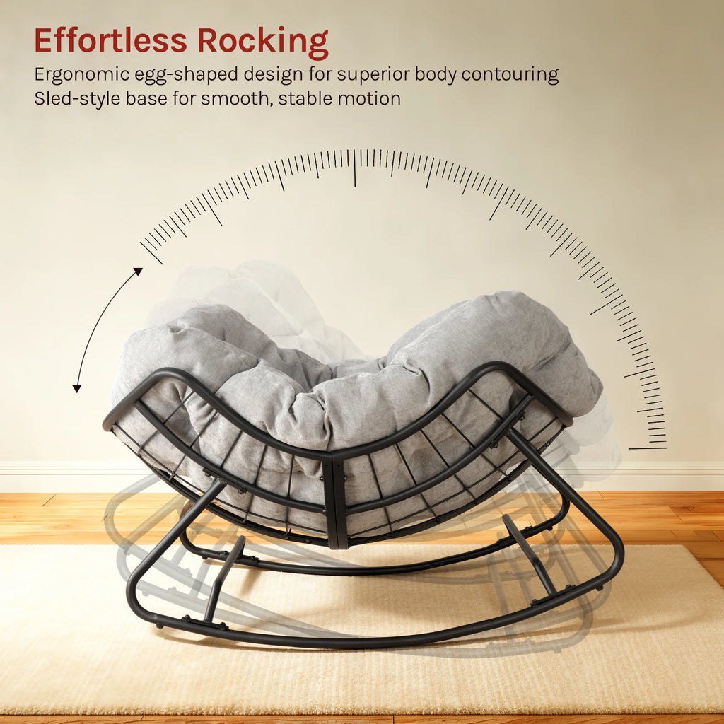 Rocking chair WOLTU forme œuf – Fauteuil à bascule avec coussin chenille, cadre métal, 150 kg, salon et balcon