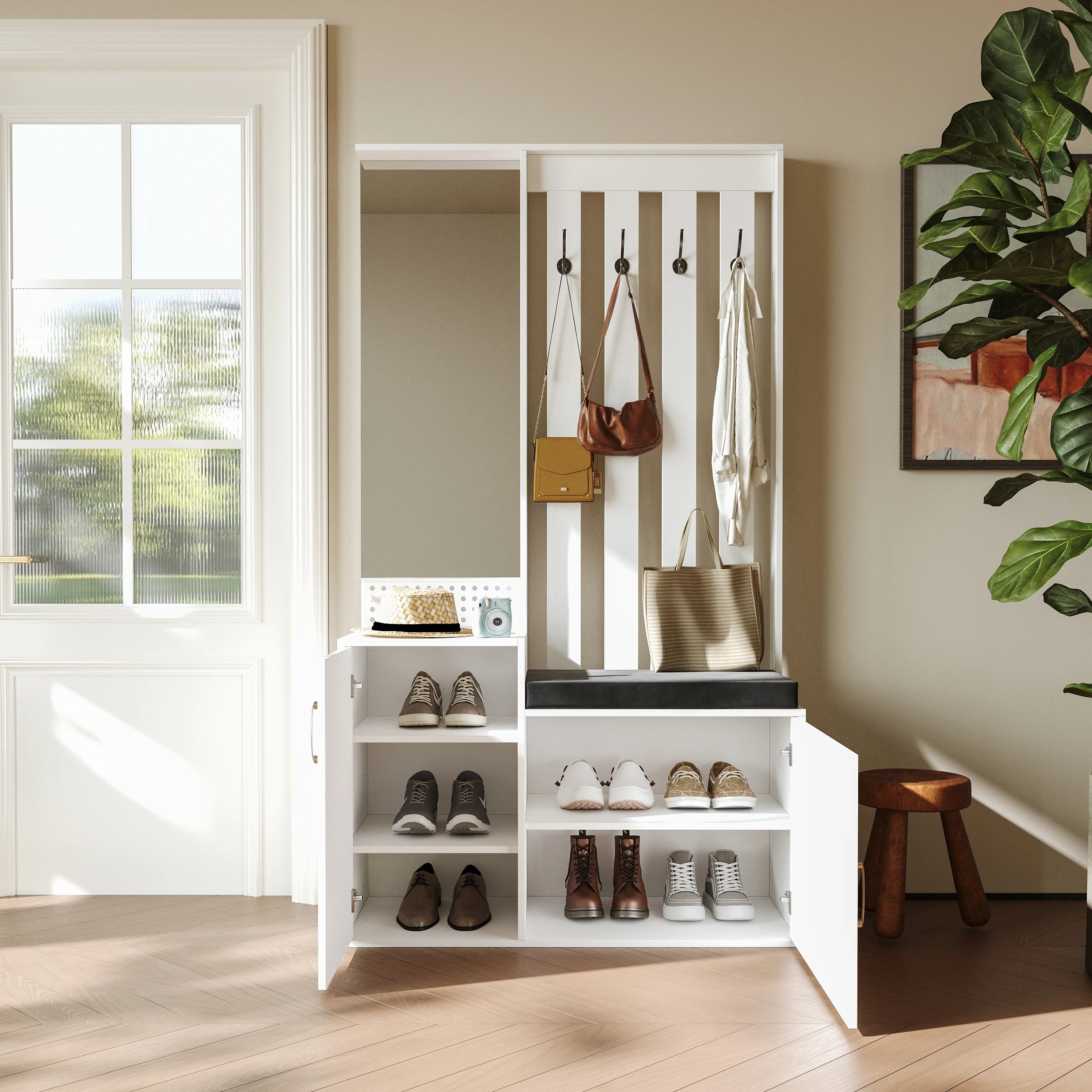 Meuble d'entrée Comanlai 5-en-1 – Porte-manteau, banc à chaussures, armoire, miroir et penderie, chambre et couloir
