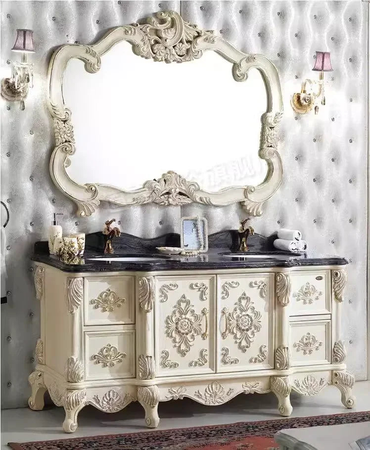 Meuble salle de bain style européen antique – Vasque marbre, bois massif, miroir colonne au sol