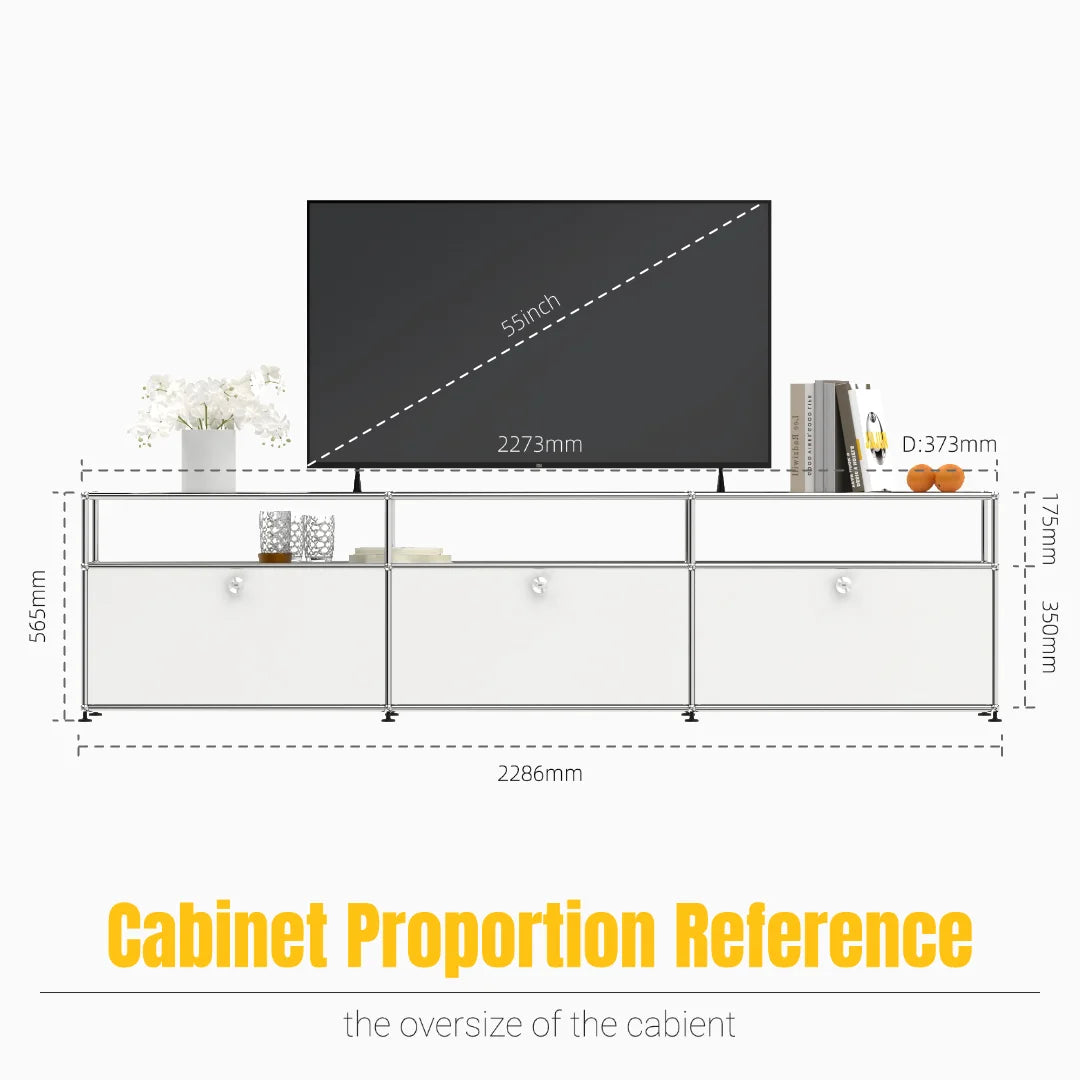 Meuble TV bas modulaire 3 niveaux – Buffet avec portes rabattables, cadre acier, style minimaliste