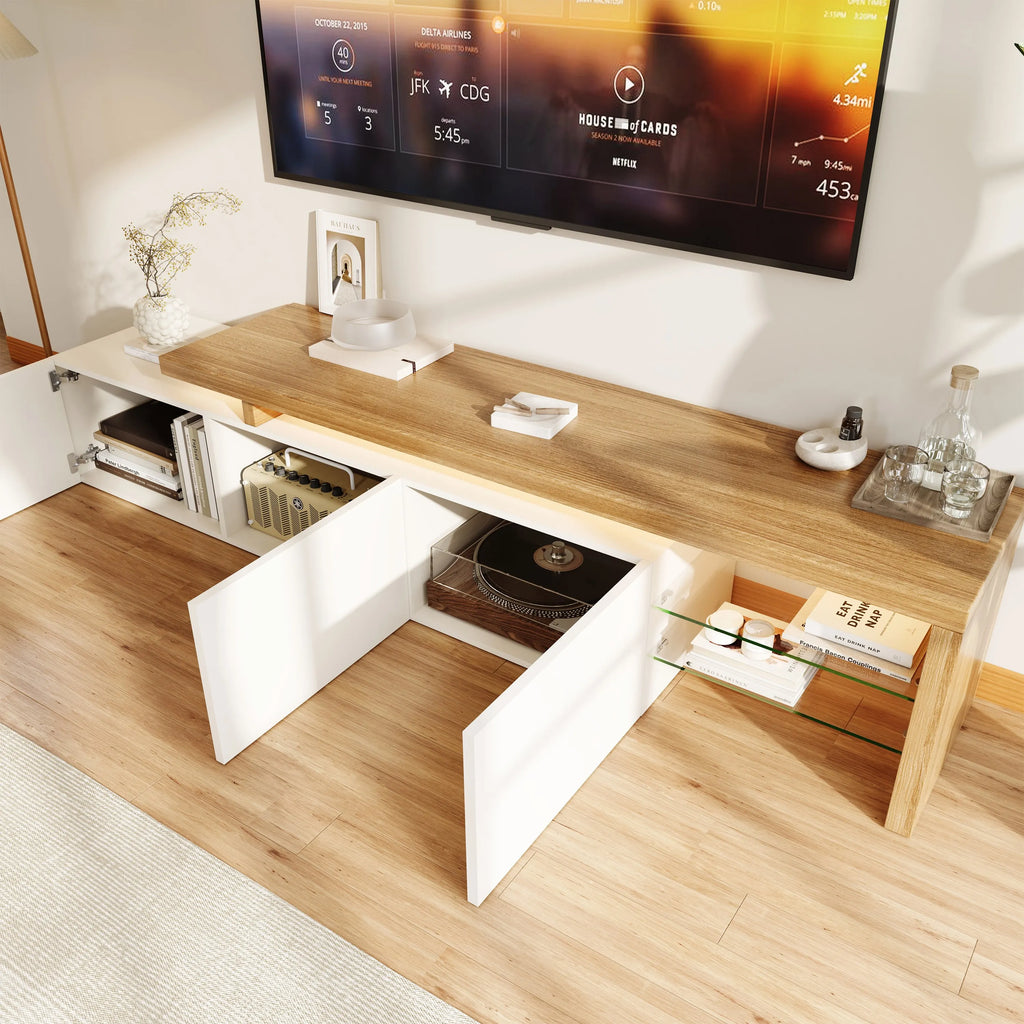 Meuble TV Rosahqnda avec éclairage LED – 2 vitrines, 3 tiroirs, blanc laqué haut brillant