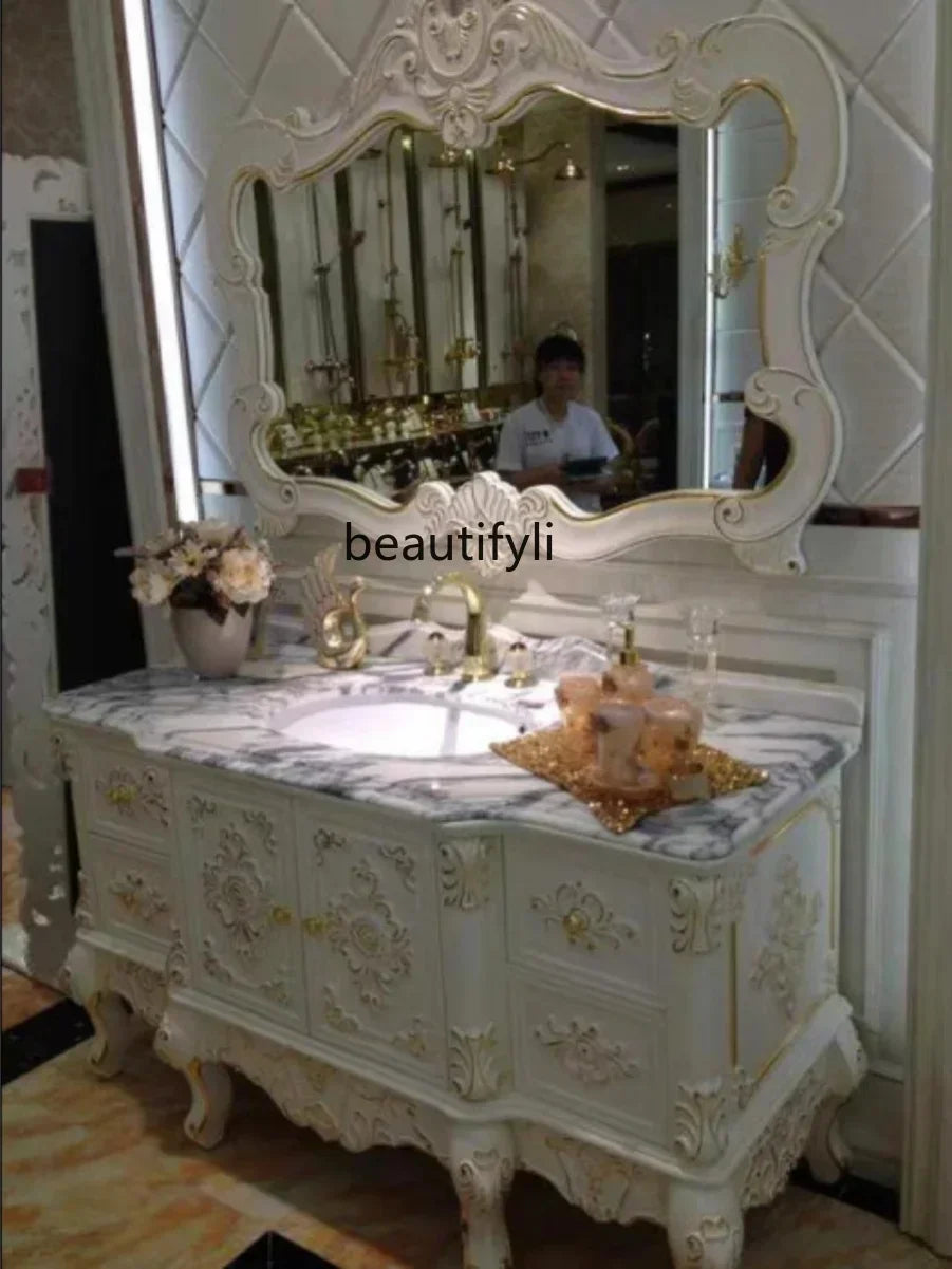 Meuble salle de bain style européen antique – Vasque marbre, bois massif, miroir colonne au sol