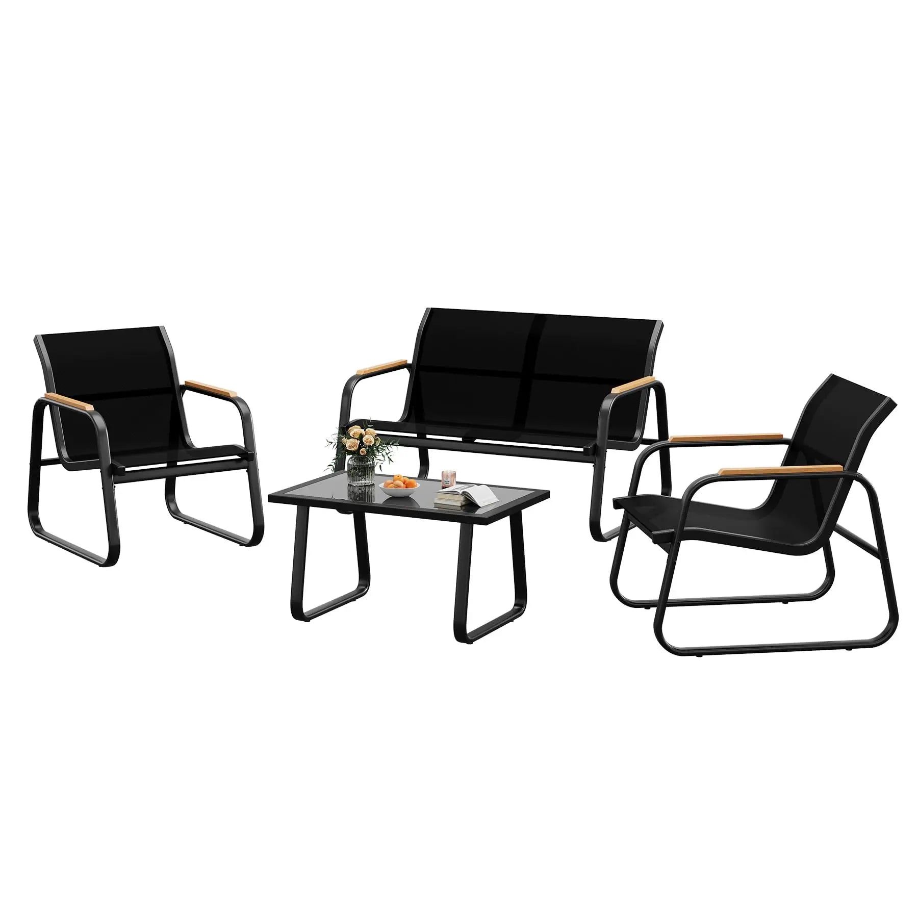 Salon de balcon en textilène 4 pièces – Canapé double, 2 fauteuils et table basse, jardin et terrasse
