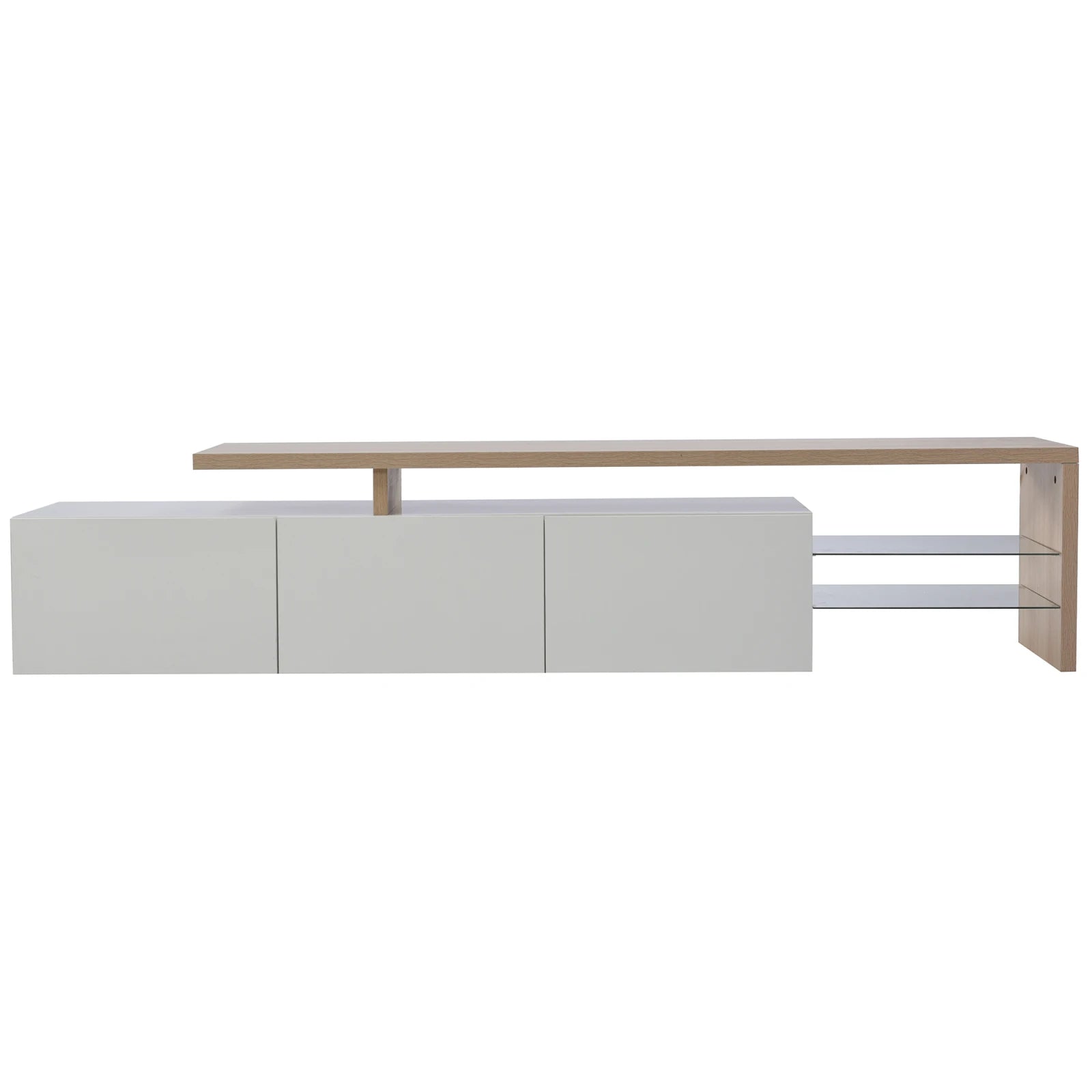 Meuble TV Rosahqnda avec éclairage LED – 2 vitrines, 3 tiroirs, blanc laqué haut brillant