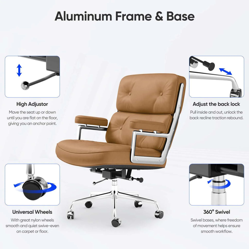 Chaise de bureau réglable en cuir véritable – Cadre aluminium, accoudoirs, pivotante, bureau et salon
