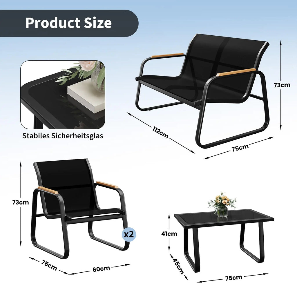 Salon de balcon en textilène 4 pièces – Canapé double, 2 fauteuils et table basse, jardin et terrasse