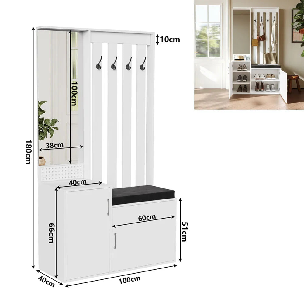 Meuble d'entrée Comanlai 5-en-1 – Porte-manteau, banc à chaussures, armoire, miroir et penderie, chambre et couloir