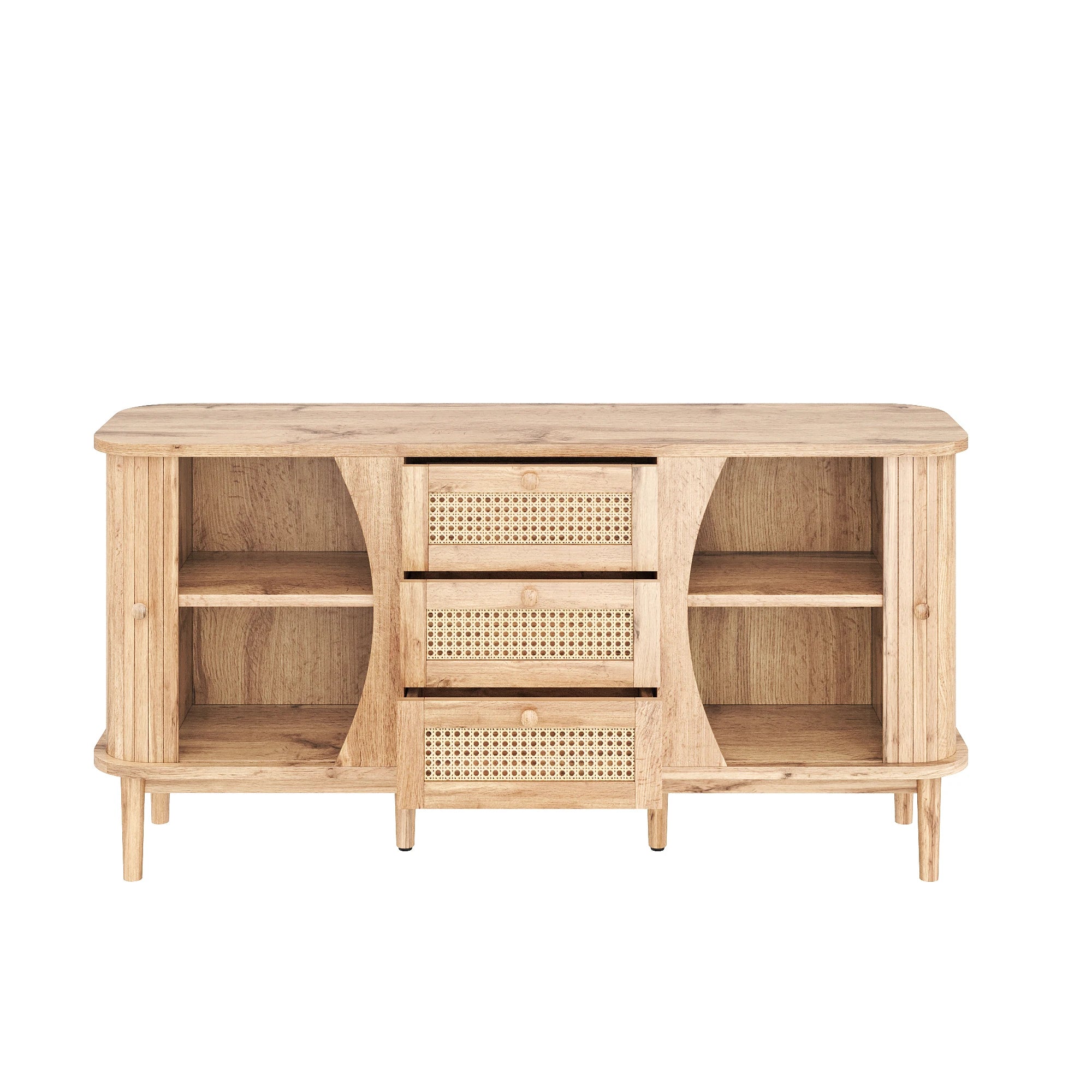 Buffet en rotin avec portes coulissantes – Étagères réglables, plateau arrondi, style naturel