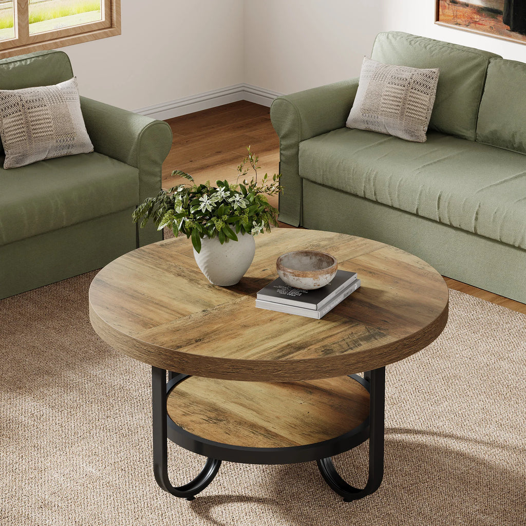 Table basse ronde 2 niveaux avec étagère de rangement – 79 cm, pieds métal courbés, salon