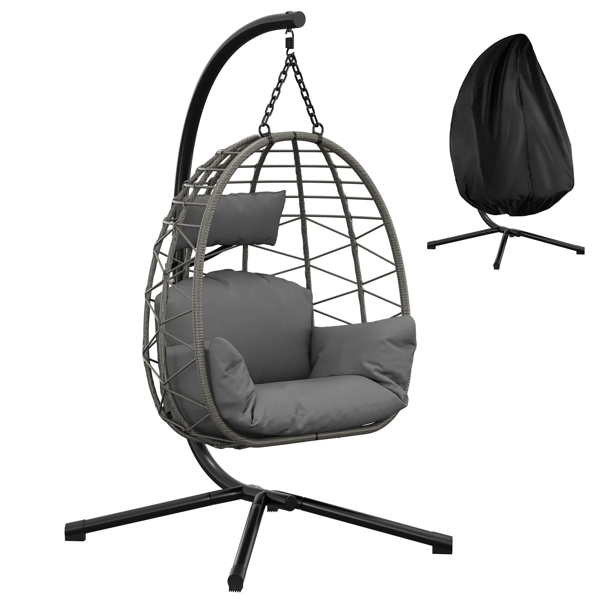 Fauteuil suspendu œuf avec pied, coussin et appui-tête – Hamac lounge intérieur et extérieur avec housse anti-pluie