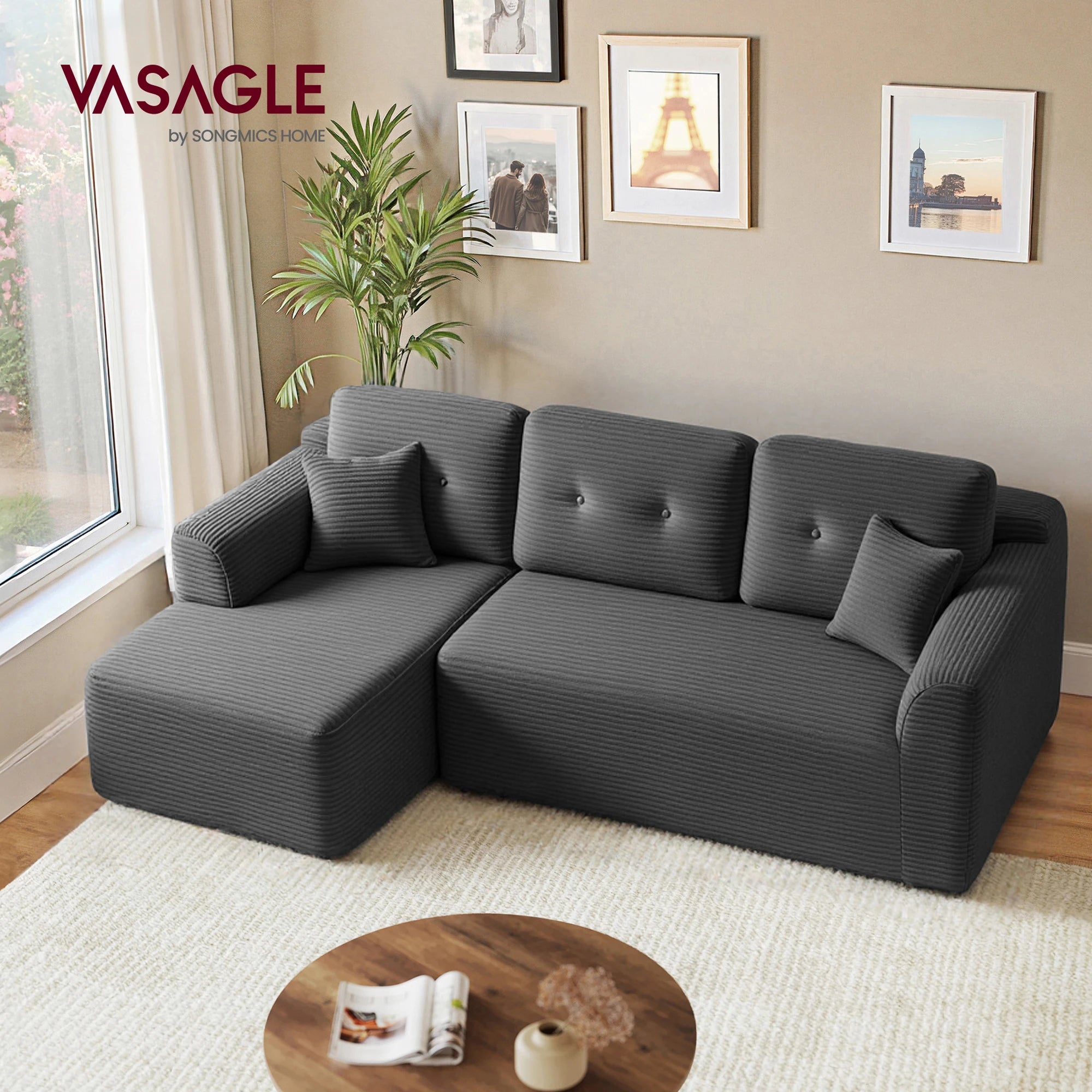 Canapé d'angle modulaire VASAGLE 244 cm – Livré compressé, sans montage, méridienne gauche