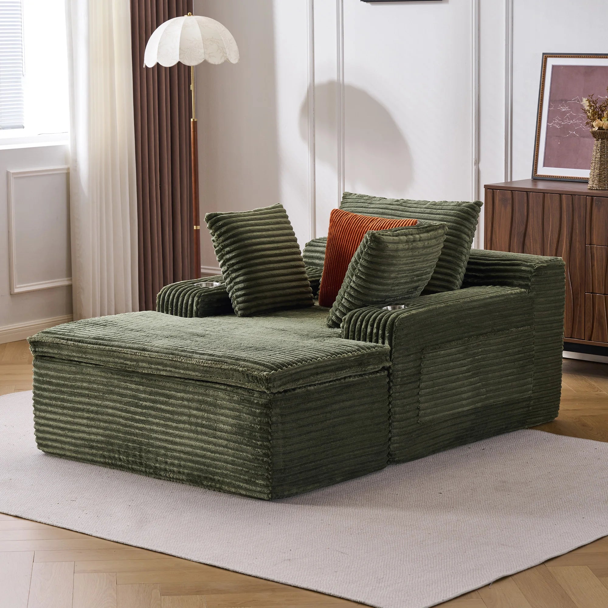 Canapé-lit velours côtelé surdimensionné – Sans montage, assise profonde ergonomique, oreiller-couverture 2-en-1 et porte-gobelets