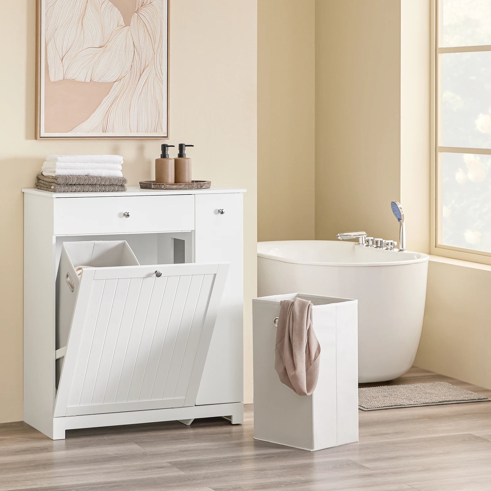 Armoire de salle de bain haute SoBuy – Meuble colonne avec miroir, étagères et tiroir, blanc