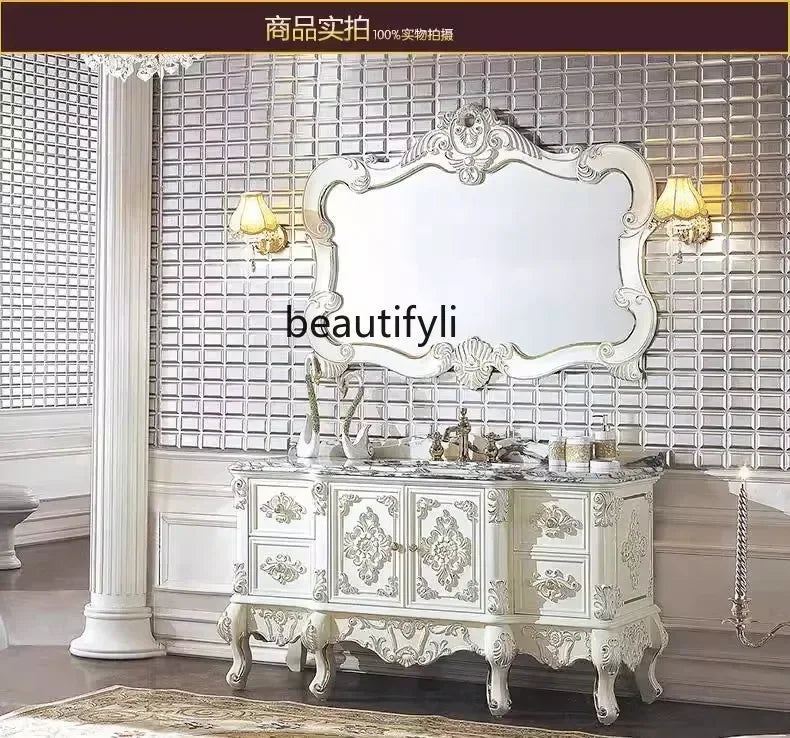 Meuble salle de bain style européen antique – Vasque marbre, bois massif, miroir colonne au sol
