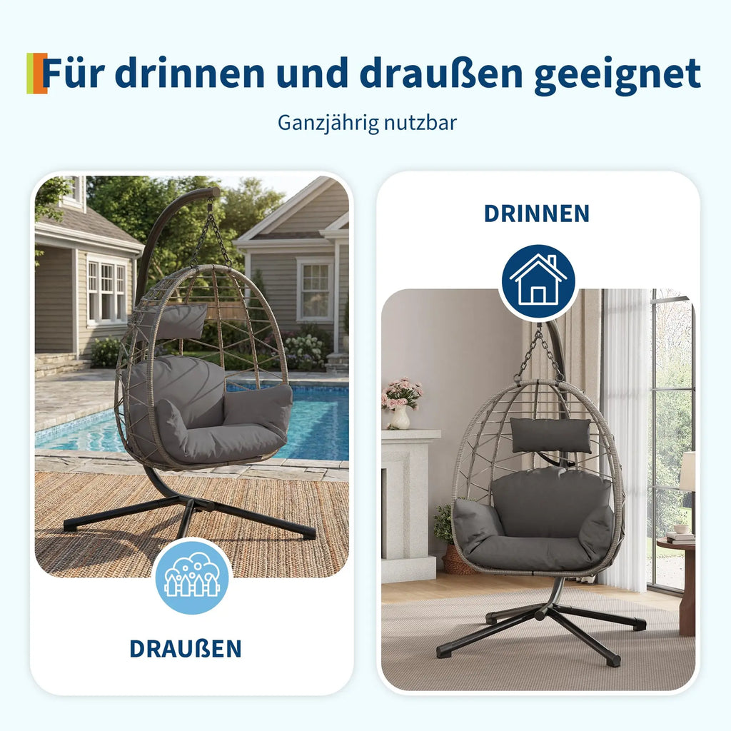 Fauteuil suspendu œuf avec pied, coussin et appui-tête – Hamac lounge intérieur et extérieur avec housse anti-pluie