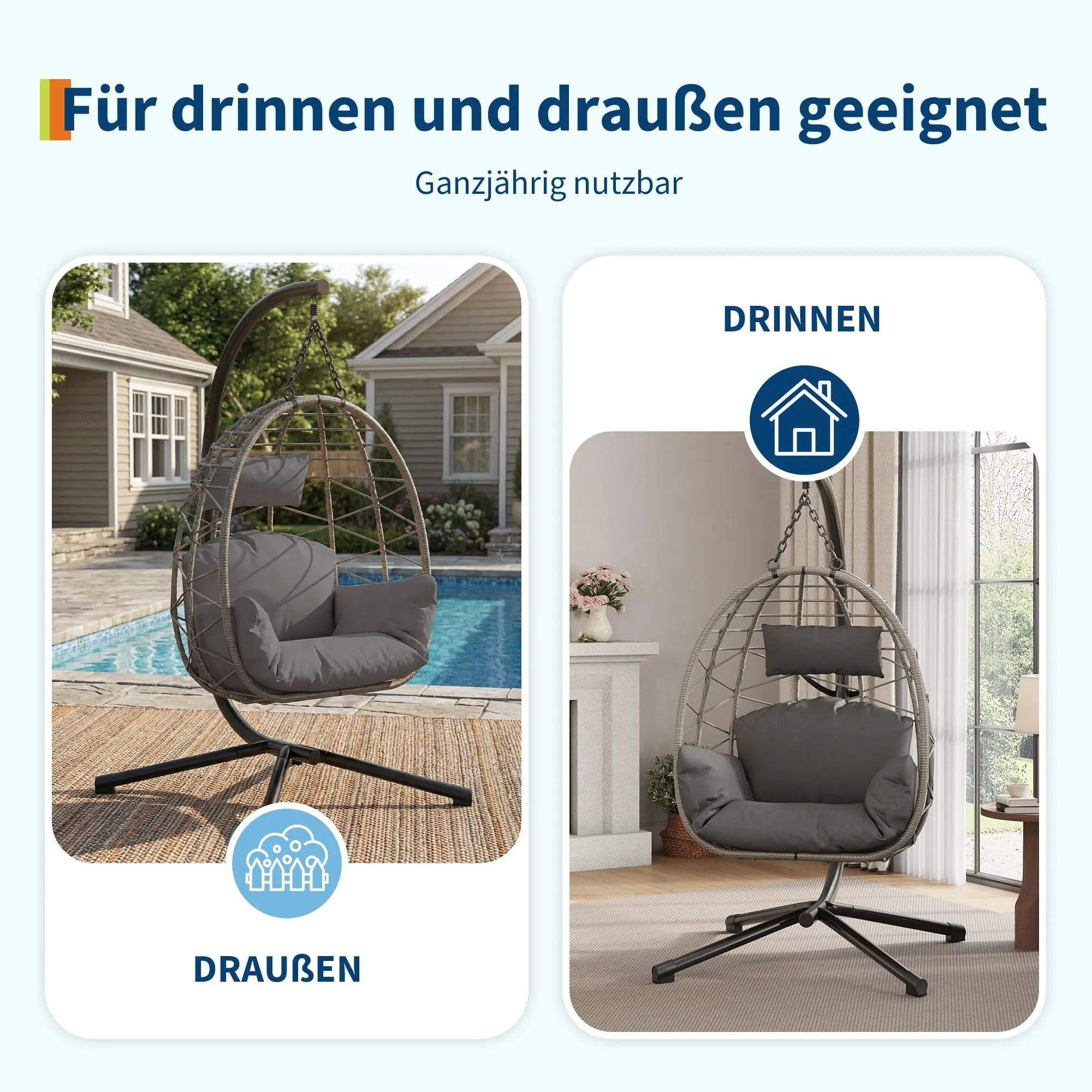 Fauteuil suspendu œuf avec pied, coussin et appui-tête – Hamac lounge intérieur et extérieur avec housse anti-pluie