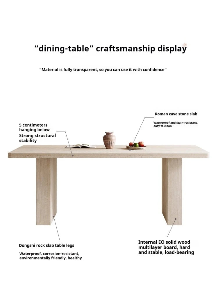Table à manger sur mesure style mid-century – Plateau travertin, chaises bois rembourrées, ensemble salle à manger