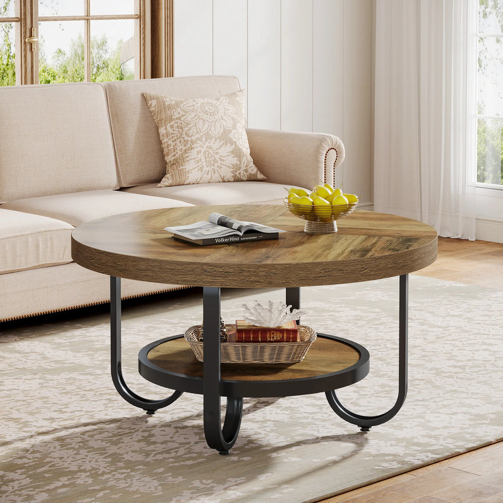 Table basse ronde 2 niveaux avec étagère de rangement – 79 cm, pieds métal courbés, salon