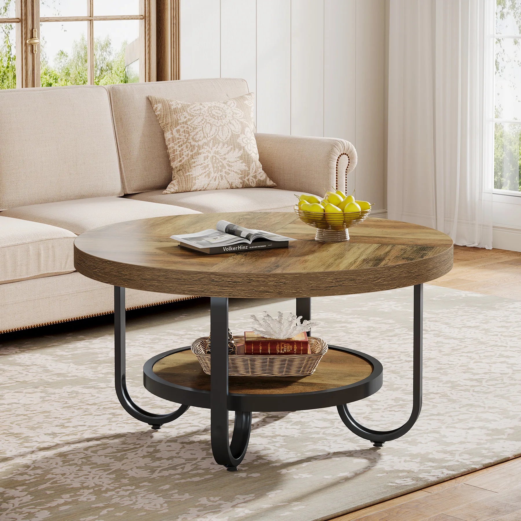 Table basse ronde 2 niveaux avec étagère de rangement – 79 cm, pieds métal courbés, salon