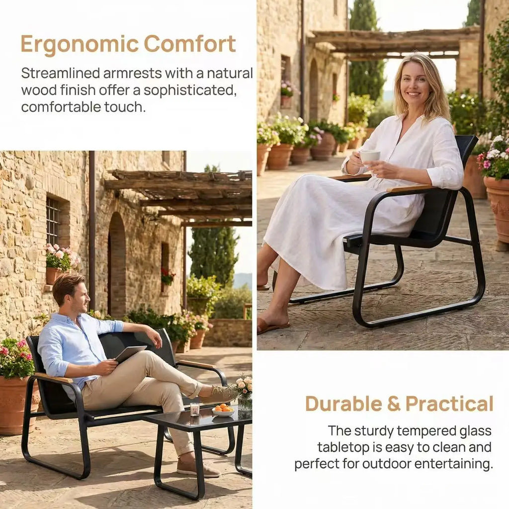 Salon de balcon en textilène 4 pièces – Canapé double, 2 fauteuils et table basse, jardin et terrasse