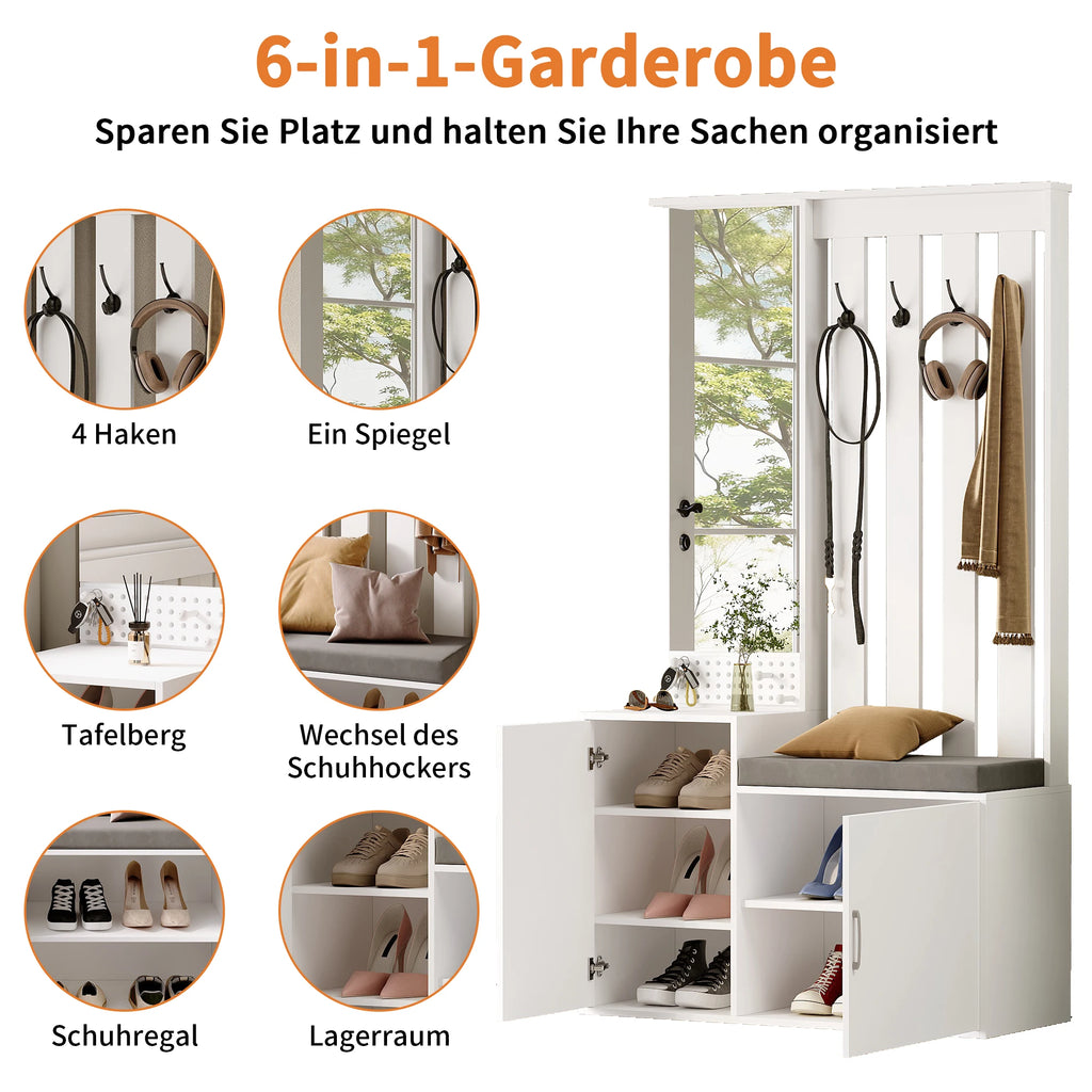 Meuble d'entrée Comanlai 5-en-1 – Porte-manteau, banc à chaussures, armoire, miroir et penderie, chambre et couloir