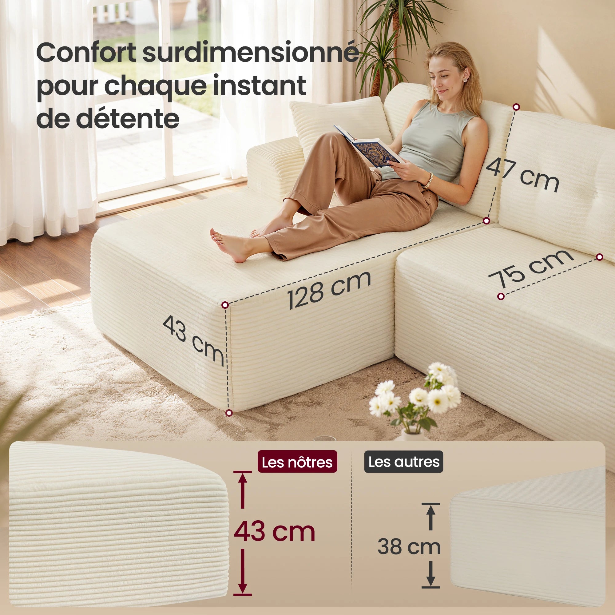 Canapé d'angle modulaire VASAGLE 244 cm – Livré compressé, sans montage, méridienne gauche