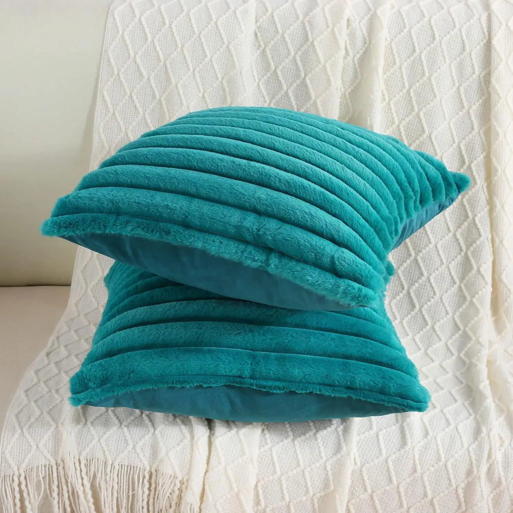 Housse de coussin carrée imitation fourrure de lapin – Rayures épaisses, ultra-douce, décoration canapé 2026