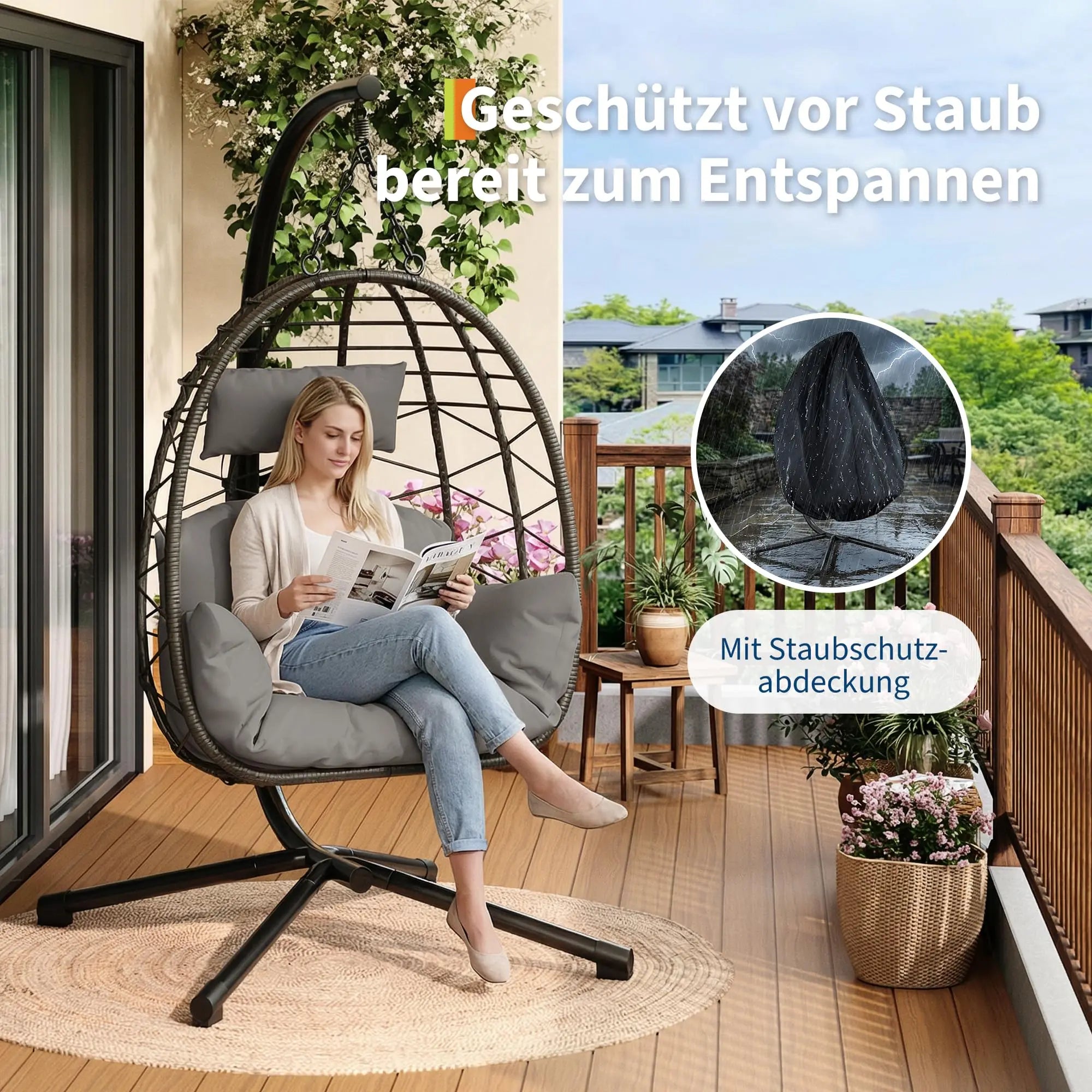 Fauteuil suspendu œuf avec pied, coussin et appui-tête – Hamac lounge intérieur et extérieur avec housse anti-pluie