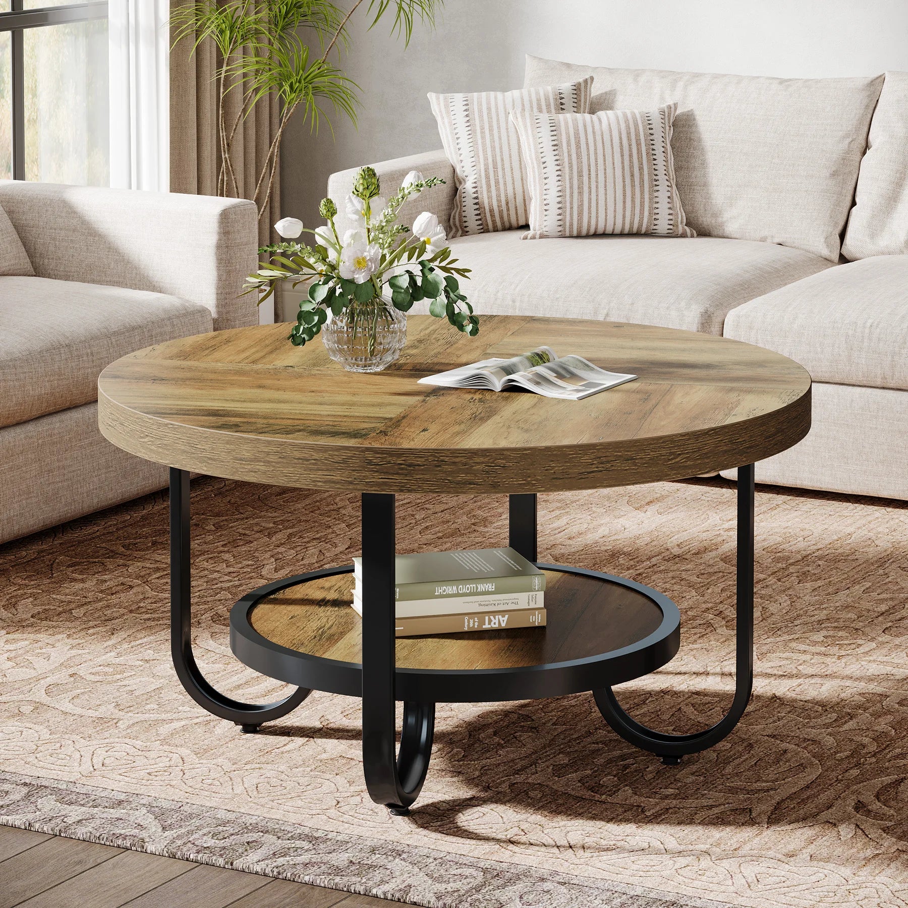 Table basse ronde 2 niveaux avec étagère de rangement – 79 cm, pieds métal courbés, salon