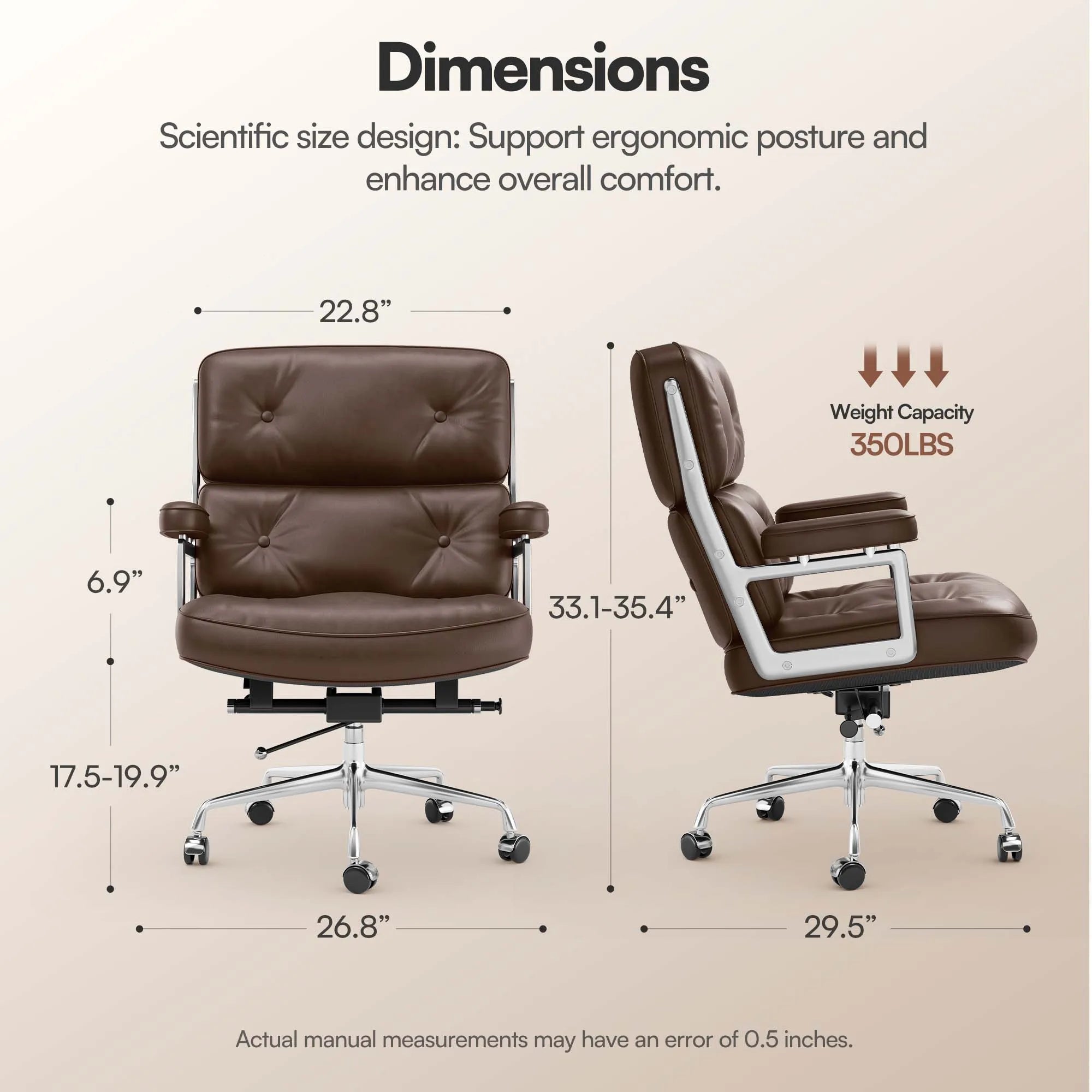 Chaise de bureau réglable en cuir véritable – Cadre aluminium, accoudoirs, pivotante, bureau et salon