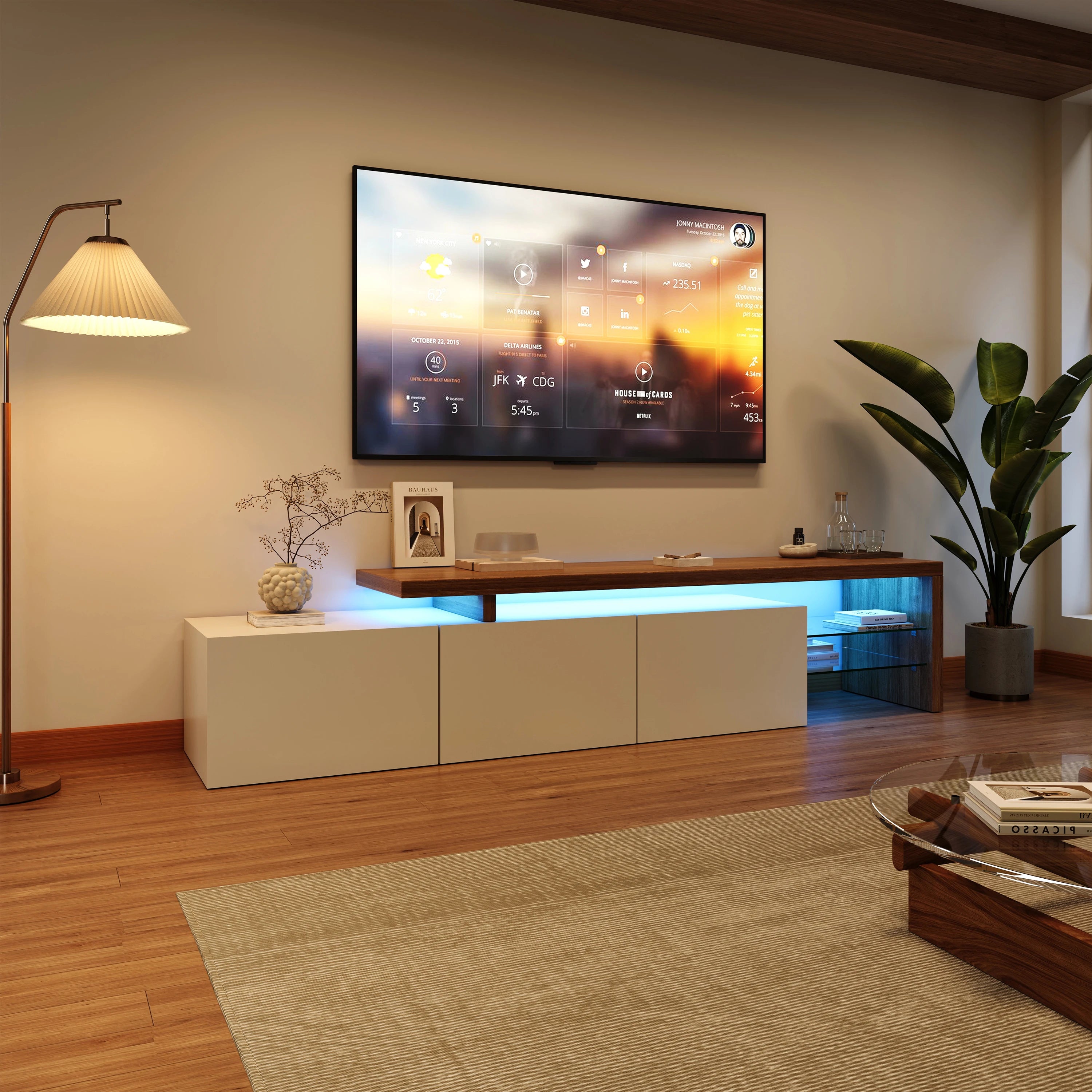 Meuble TV Rosahqnda avec éclairage LED – 2 vitrines, 3 tiroirs, blanc laqué haut brillant